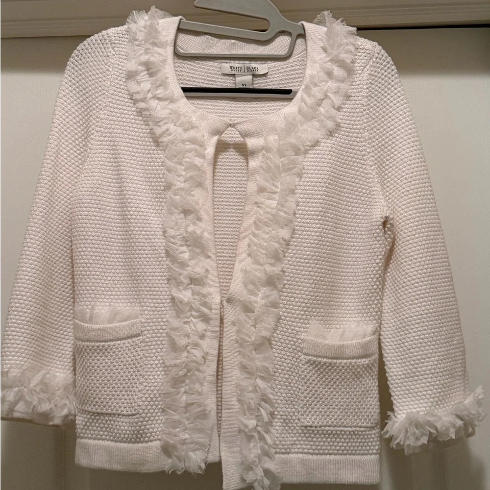 White Textured Cardigan with Ruffle Trim - Picture 1 of 6